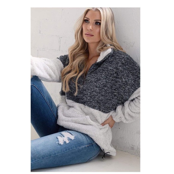 Colorblock sherpa women pullover zip front jacket tops - Picture 2 of 2